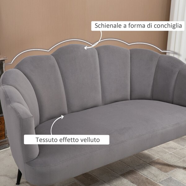 HOMCOM Divano 2 Posti in Velluto con Gambe in Metallo e Schienale a Conchiglia, 132x66x80cm, Grigio|Aosom