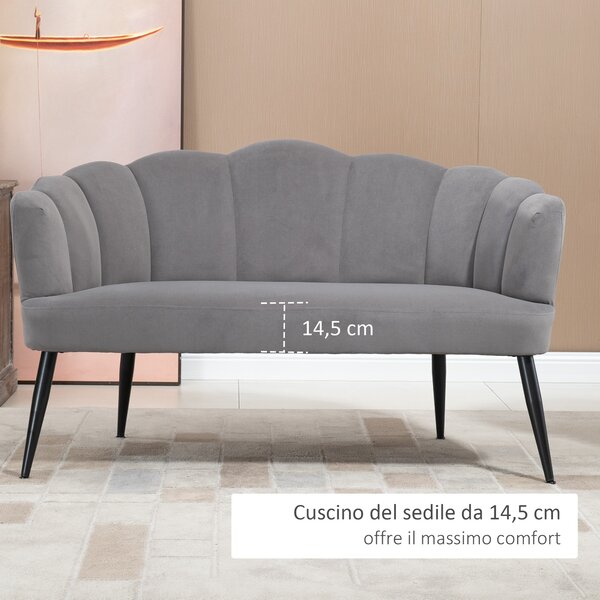HOMCOM Divano 2 Posti in Velluto con Gambe in Metallo e Schienale a Conchiglia, 132x66x80cm, Grigio|Aosom