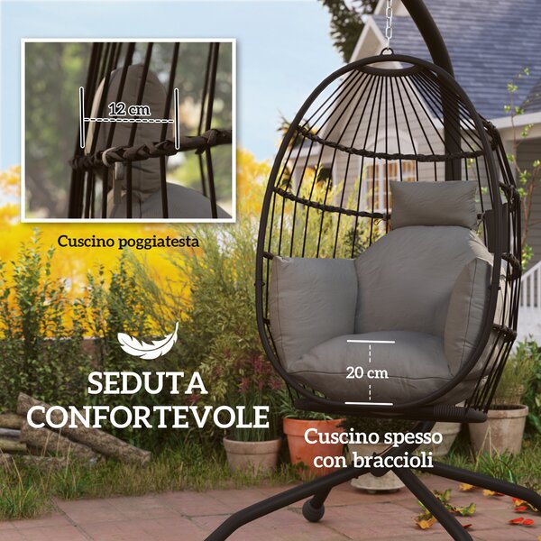 Outsunny Poltrona Sospesa a Uovo con Gancio Regolabile, 2 Cuscini e Cesto, in Acciaio, 120x88x192 cm, Nero e Grigio