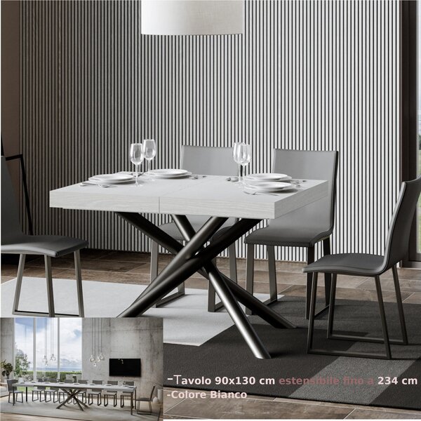 Tavolo Allungabile Piano Frassino Bianco FAMAS 90x130xh77 cm estensibile fino a 234 cm tutto in legno di Frassino telaio antracite