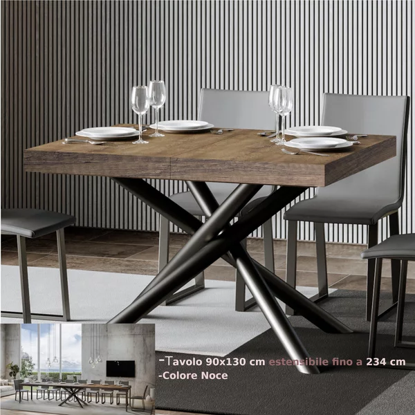 Tavolo Allungabile Piano Noce FAMAS 90x130xh77 cm estensibile fino a 234 cm tutto in legno di Frassino telaio antracite