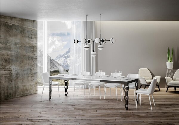 Tavolo Allungabile Quadrato BIANCO natura Karamay Evolution 160x90xh77 cm estensibile fino a 264 cm tutto in legno di Frassino telaio antracite