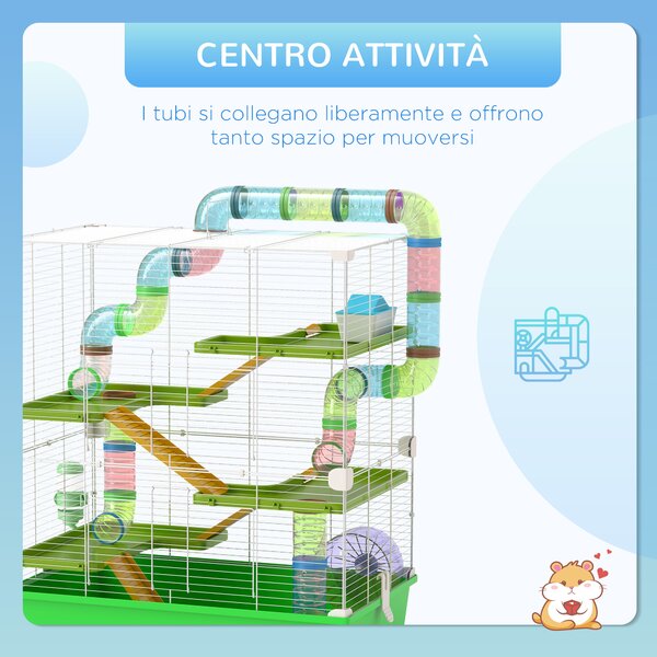 PawHut Gabbia Criceti a 5 Livelli con Tubi, Casetta, Serbatoio e Ruota, in Acciaio, PP e PS, 59x36x69 cm, Verde e Bianca