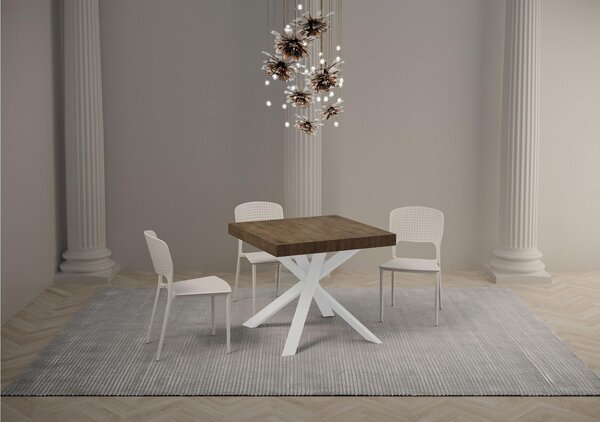 Tavolo Quadrato Allungabile Piano CLERK design Moderno Dimensioni 90x90xh77 cm estensibile fino a 194 cm - 2 allunghe Gambe in Ferro telaio bianco frassino