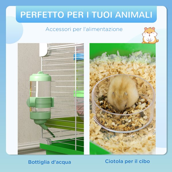 PawHut Gabbia Criceti a 5 Livelli con Tubi, Casetta, Serbatoio e Ruota, in Acciaio, PP e PS, 59x36x69 cm, Verde e Bianca