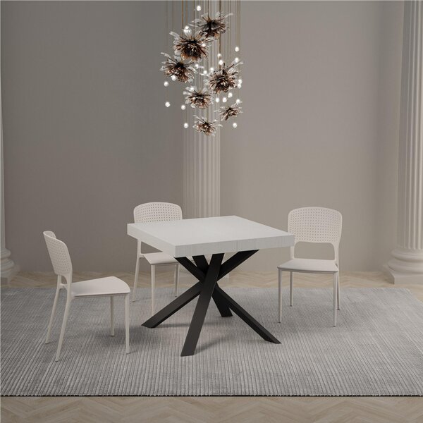 Tavolo Quadrato Allungabile Piano CLERK design Moderno Dimensioni 90x90xh77 cm estensibile fino a 194 cm - 2 allunghe Piano Gambe in Ferro bianco frassino