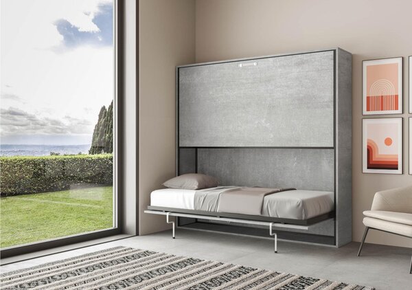 Letto a scomparsa Kentaro Una Doppio Orizzontale Chiuso Occupa solo 39 cm di profondit�, Dimensioni chiuso 199.2x39,2xh190,8 cm struttura in legno colore Cemento