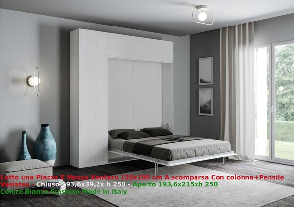 Letto a scomparsa Kentaro Una Piazza E Mezza con pensile vasistas - pensile sopra Chiuso Occupa solo 39 cm di profondit�, Dimensioni chiuso 193,6x39,2xh250,5 cm Bianco Frassino