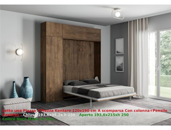 Letto a scomparsa Kentaro Una Piazza E Mezza con pensile vasistas - pensile sopra Chiuso Occupa solo 39 cm di profondit�, Dimensioni chiuso 193,6x39,2xh250,5 cm Bianco Frassino