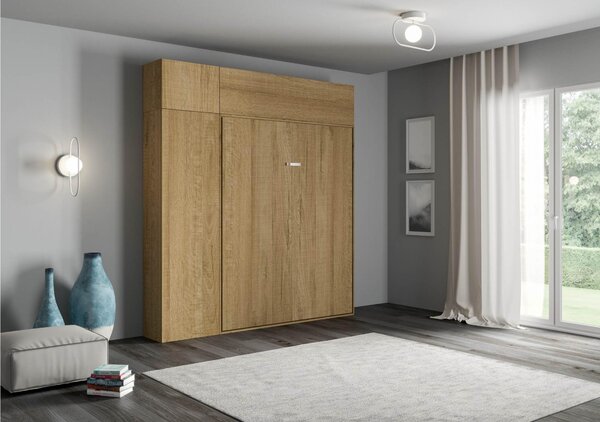 Letto a scomparsa Kentaro Matrimoniale con colonna - pensile vasistas - pensile sopra colonna Chiuso Occupa solo 39 cm di profondit�, Dimensioni chiuso 233,6x39,2xh250,5 cm Quercia naturale