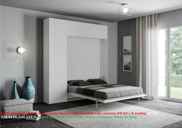 Letto a scomparsa Kentaro Matrimoniale con Colonna DX-SX + pensile Vasistas Chiuso Occupa solo 39 cm di profondit�, Dimensioni chiuso 233,6x39,2xh250,5 cm struttura in legno colore Bianco Frassino