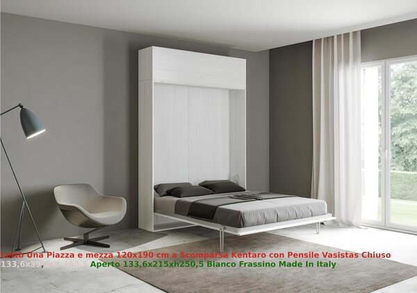 Letto a scomparsa Kentaro Una Piazza e Mezza con Pensile Vasistas Chiuso Occupa solo 39 cm di profondit�, Dimensioni chiuso 133,6x39,2xh250,5 cm struttura in legno colore Bianco Frassino