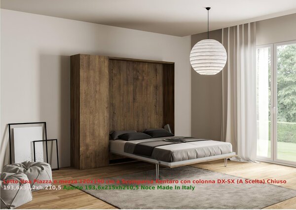 Letto a scomparsa Kentaro Una Piazza e Mezza con Colonna DX-SX Chiuso Occupa solo 39 cm di profondit�, Dimensioni chiuso 193,6x39,2xh210,5 cm struttura in legno colore Noce