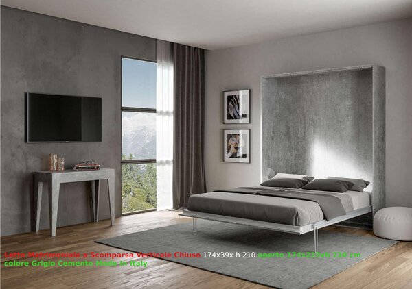 Letto a scomparsa Kentaro Matrimoniale Chiuso Occupa solo 39 cm di profondit�, Dimensioni chiuso 174x39xh210 cm struttura in legno colore Cemento