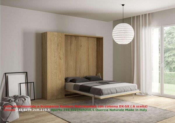Letto a scomparsa Kentaro Matrimoniale con Colonna DX-SX Chiuso Occupa solo 39 cm di profondit�, Dimensioni chiuso 233,6x39,2xh210,5 cm struttura in legno colore Quercia Natura