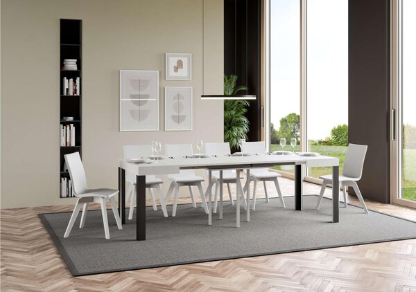 Tavolo Allungabile quadrato LINEA design Moderno Dimensioni 90x90xh77 cm estensibile fino a 246 cm piano in Legno di Frassino , Bianco Antracite