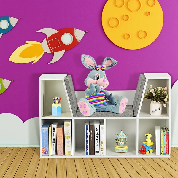 Costway Scaffale per libri in legno Libreria con 6 box scomparti e una sedia per bambini Bianco