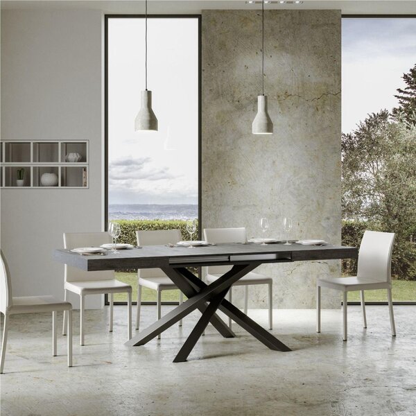 Tavolo Allungabile Piano VOLANTIS design Moderno Dimensioni 90x140x h77 cm estensibile fino a 244 cm telaio ANTRACITE piano in Legno di Frassino Cemento