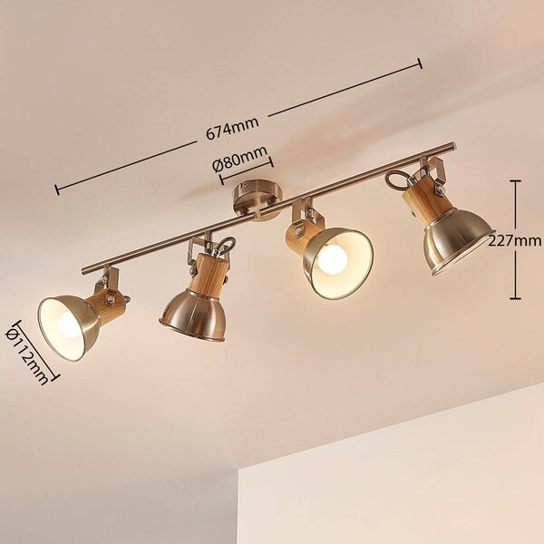 Plafoniera Dennis in legno a 4 luci. Lindby, dimmerabile, Alluminio / Grigio / Zincato, Cucina, Metallo, Moderno, Faretto