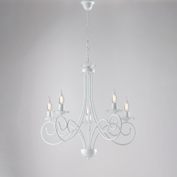 Lampadario Alma in ferro laccato bianco con decorazione shabby 5 luci , altezza 60 Cm, Cavo allungabile fino a 120 Cm, larghezza 57 Cm