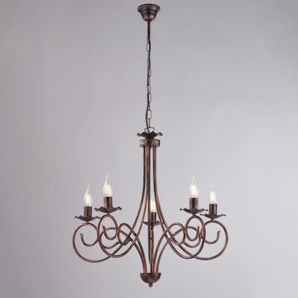 Lampadario Alma in ferro laccato nero con decorazione rame 5 luci , altezza 60 Cm, Cavo allungabile fino a 120 Cm, larghezza 57 Cm