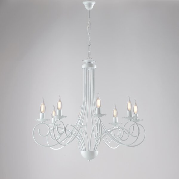 Lampadario Alma in ferro laccato bianco con decorazione shabby 8 luci , altezza 68 Cm, Cavo allungabile fino a 128 Cm, larghezza 67 Cm
