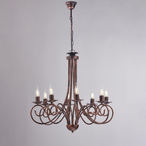 Lampadario Alma in ferro laccato nero con decorazione rame 8 luci , altezza 68 Cm, Cavo allungabile fino a 128 Cm, larghezza 67 Cm