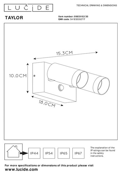 Lucide Faretto da parete per esterni Taylor Sensor, a 2 luci nero Taylor, dimmerabile, Nero, Alluminio, Moderno