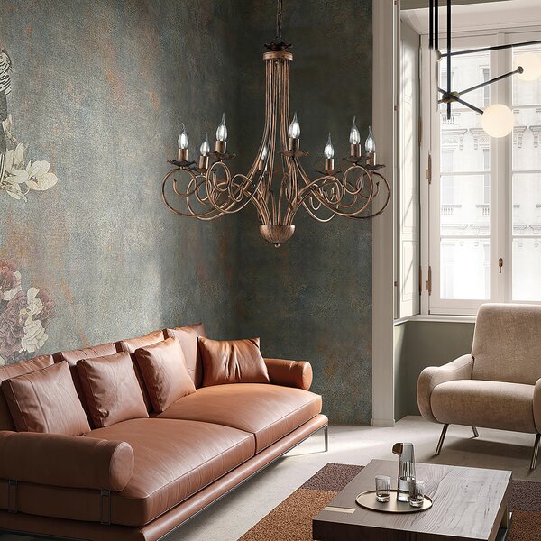 Lampadario Alma in ferro laccato nero con decorazione rame 8 luci , altezza 68 Cm, Cavo allungabile fino a 128 Cm, larghezza 67 Cm