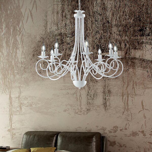 Lampadario Alma in ferro laccato bianco con decorazione shabby 8 luci , altezza 68 Cm, Cavo allungabile fino a 128 Cm, larghezza 67 Cm