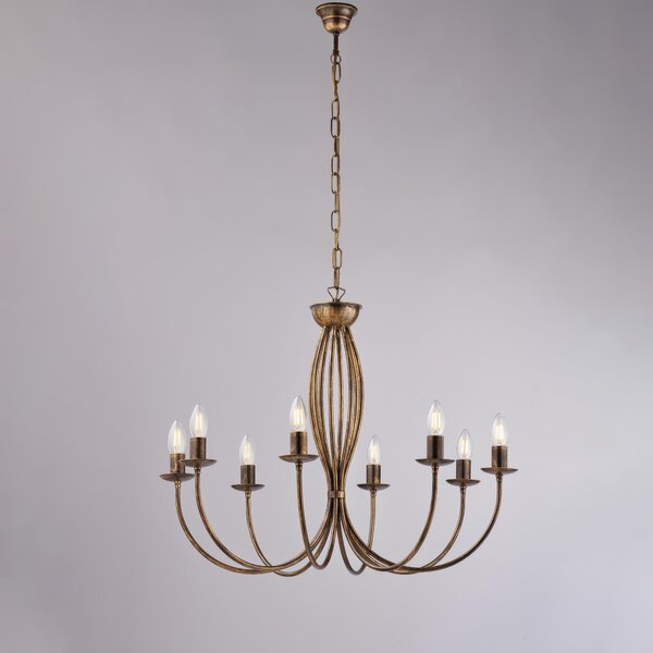 Lampadario Botte in ferro laccato marrone con decorazione oro 8 luci , altezza 60 Cm, Cavo allungabile fino a 120 Cm, larghezza 74 Cm