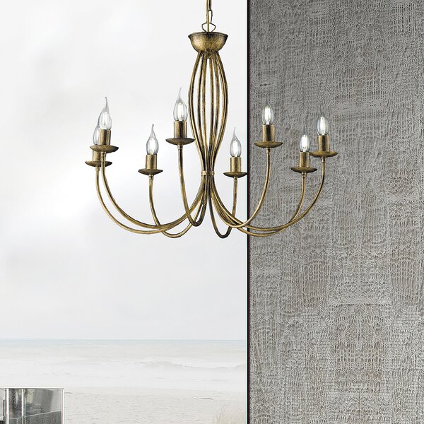 Lampadario Botte in ferro laccato marrone con decorazione oro 8 luci , altezza 60 Cm, Cavo allungabile fino a 120 Cm, larghezza 74 Cm