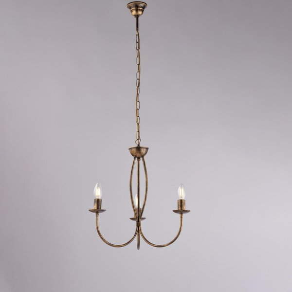 Lampadario Botte in ferro laccato marrone con decorazione oro 3 luci , altezza 50 Cm, Cavo allungabile fino a 110 Cm, larghezza 45 Cm