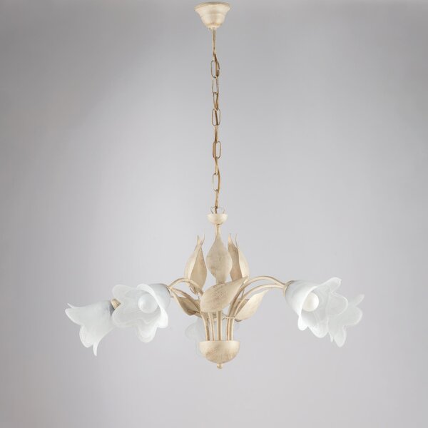 Lampadario Olga in ferro laccato avorio con decorazione oro chiaro e vetri alabastro bianchi 5 luci , altezza 43 Cm, Cavo allungabile fino a 103 Cm, larghezza 68 Cm