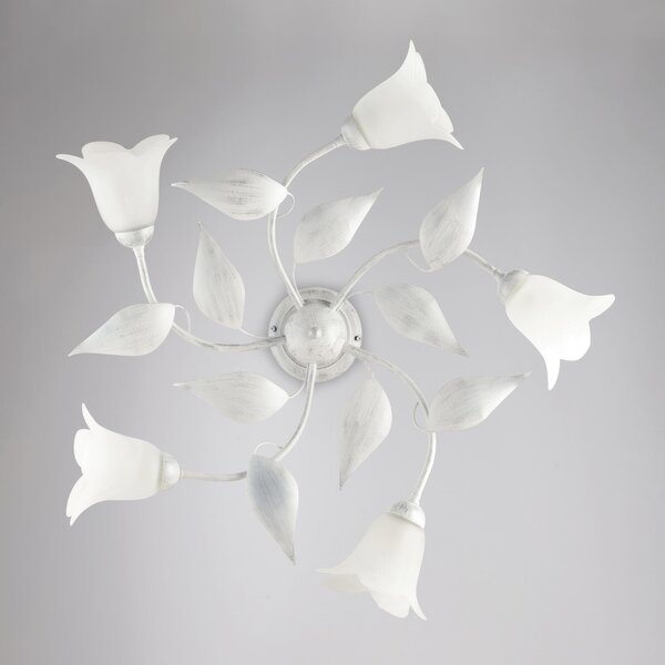 Plafoniera Olga in ferro laccato bianco con decorazione argento e vetri alabastro bianchi 5 luci , altezza 20 Cm, larghezza 70 Cm