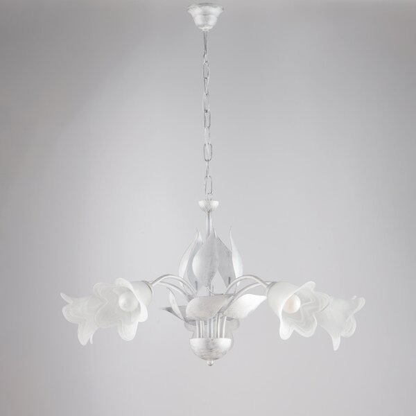 Lampadario Olga in ferro laccato bianco con decorazione argento e vetri alabastro bianchi 5 luci , altezza 43 Cm, Cavo allungabile fino a 103 Cm, larghezza 68 Cm