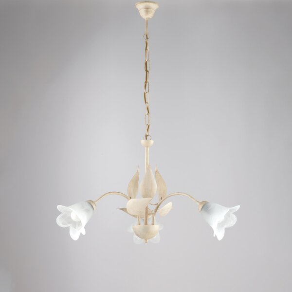 Lampadario Olga in ferro laccato avorio con decorazione oro chiaro e vetri alabastro bianchi 3 luci , altezza 43 Cm, Cavo allungabile fino a 103 Cm, larghezza 60 Cm