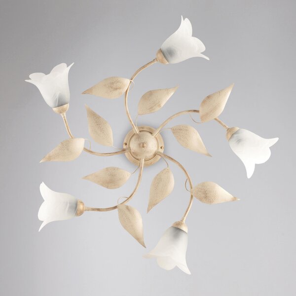 Plafoniera Olga in ferro laccato avorio con decorazione oro chiaro e vetri alabastro bianchi 5 luci , altezza 20 Cm, larghezza 70 Cm