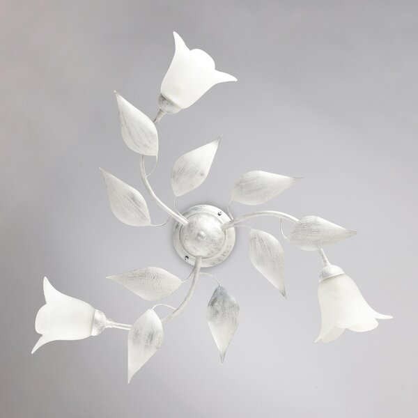 Plafoniera Olga in ferro laccato bianco con decorazione argento e vetri alabastro bianchi 3 luci , altezza 20 Cm, larghezza 67 Cm
