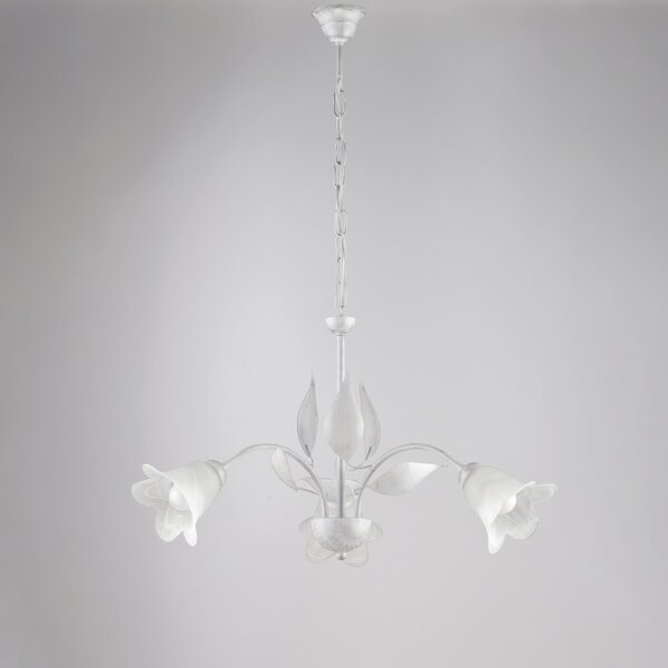 Lampadario Olga in ferro laccato bianco con decorazione argento e vetri alabastro bianchi 3 luci , altezza 43 Cm, Cavo allungabile fino a 103 Cm, larghezza 60 Cm