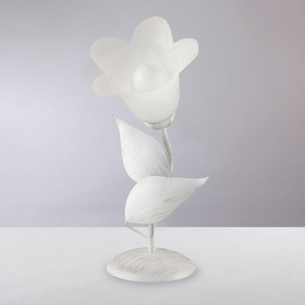 Lumetto Olga in ferro laccato bianco con decorazione argento e vetro alabastro bianco 1 luce , altezza 36 Cm, larghezza 19 Cm