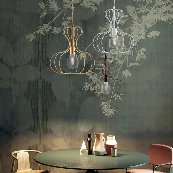 Sospensione Titty in ferro laccato bianco con decorazione argento 1 luce , altezza 40 Cm, Cavo allungabile fino a 110 Cm, larghezza 35 Cm