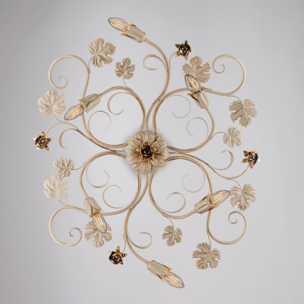 Plafoniera Iris in ferro laccato avorio con decorazione decap� e rose oro 6 luci , altezza 17 Cm, misure 79 X 67 Cm