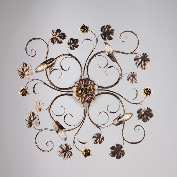 Plafoniera Iris in ferro laccato marrone con decorazione oro 4 luci , altezza 17 Cm, larghezza 76 Cm