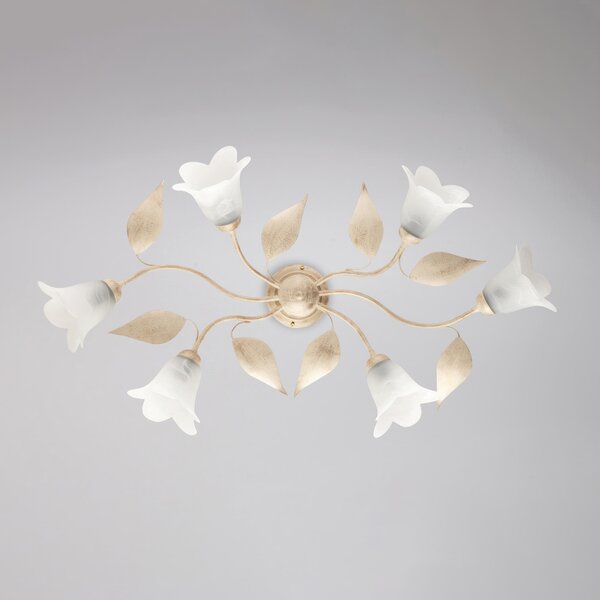 Plafoniera Olga in ferro laccato avorio con decorazione oro chiaro e vetri alabastro bianchi 6 luci , altezza 20 Cm, misure 95 X 52 Cm