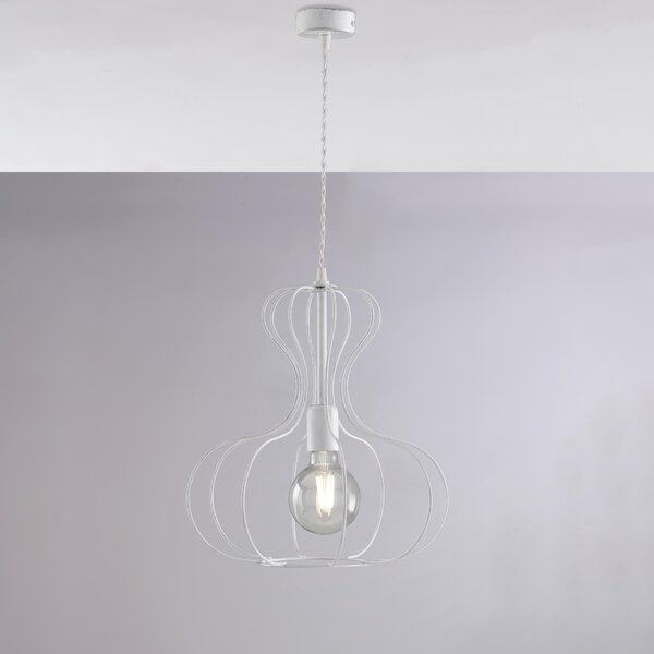 Sospensione Titty in ferro laccato bianco con decorazione argento 1 luce , altezza 40 Cm, Cavo allungabile fino a 110 Cm, larghezza 35 Cm