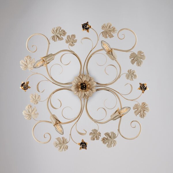 Plafoniera Iris in ferro laccato avorio con decorazione decap� e rose oro 4 luci , altezza 17 Cm, larghezza 76 Cm