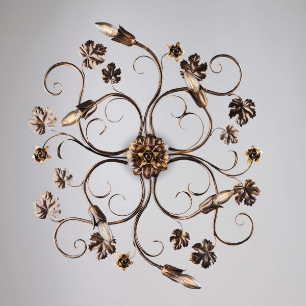 Plafoniera Iris in ferro laccato marrone con decorazione oro oro 6 luci , altezza 17 Cm, misure 79 X 67 Cm
