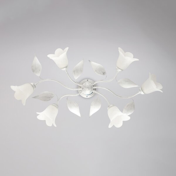 Plafoniera Olga in ferro laccato bianco con decorazione argento e vetri alabastro bianchi 6 luci , altezza 20 Cm, misure 95 X 52 Cm
