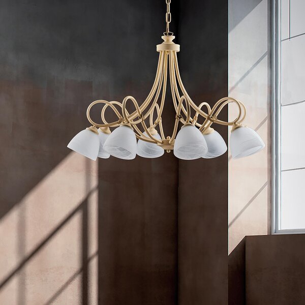 Lampadario Dallas in ferro laccato avorio con decorazione decap� e vetri alabastro bianchi 8 luci, altezza 55 Cm, Cavo allungabile fino a 115 Cm, larghezza 81 Cm